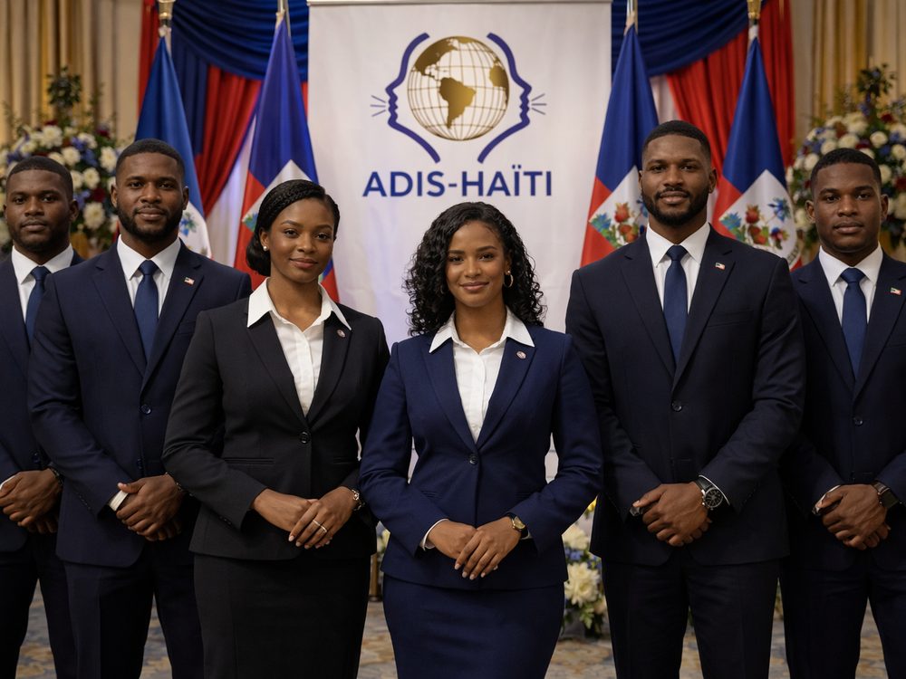 Délégation en tenue officielle devant la bannière ADIS-HAITI et les drapeaux d'Haïti