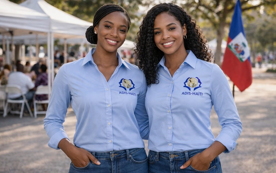 Duo de membres de l'équipe ORACLE en chemise ADIS-HAITI, lors d'un événement en plein air